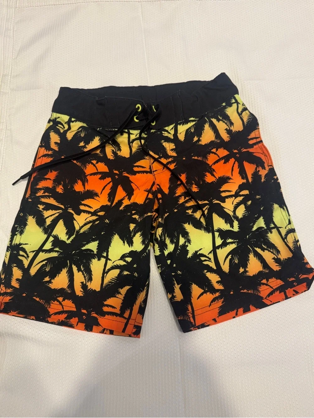 Tropical Palm Print Swim Trunks - Black, Orange, Yellow
